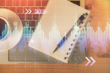 Forx grafik çizimi ve çalışma masası üst veiw çoklu pozlama. Mali analiz kavramı.