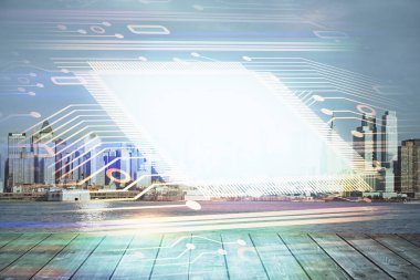 Veri temalı hologram gökdelenlerin arka planında çift pozlama ile şehir görünümüne çizim yapıyor. Teknoloji konsepti.