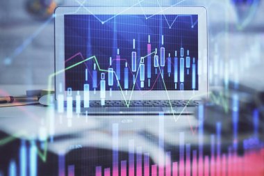 Arka planda eski pazar grafik hologramı ve kişisel bilgisayar var. Çoklu maruz kalma. Yatırım kavramı.