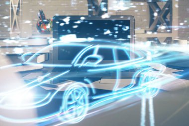 Otomobil hologramı çizimi olan masaüstü bilgisayar arkaplanı. Çoklu maruz kalma. Teknoloji kavramı.