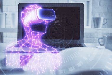 AR tema simgesi olan bilgisayar masaüstünde. Çoklu maruz kalma. Artırılmış gerçeklik kavramı.