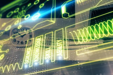 Masaüstü bilgisayar geçmişi ve eğitim teması çizimi. Çifte maruziyet. Konsept çalış.