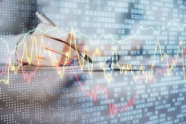 Hands Not defteri hisse senedi piyasası hakkında bilgi yazma. Ön Forex grafik hologramlar. Araştırma kavramı. Çoklu pozlama