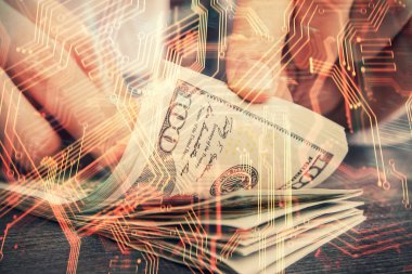 Teknolojinin hologramı, Amerikan dolarları ve insan eli çizimleri. Teknoloji konsepti.