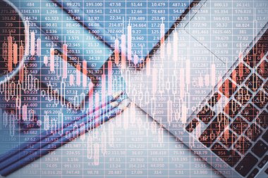 Bilgisayarla masaüstü arkaplanı üzerinde ön x grafik çizimi çift pozlama. Finansal analiz kavramı. Üst görünüm.