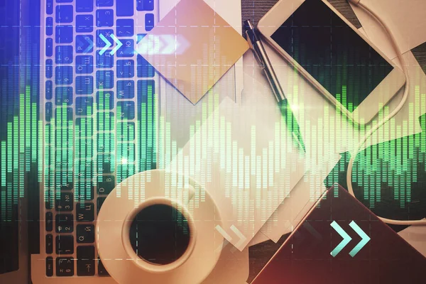 Bilgisayarla arka plan üzerine iki kat mali şema çizimi. Araştırma ve analiz kavramı. Üst görünüm.