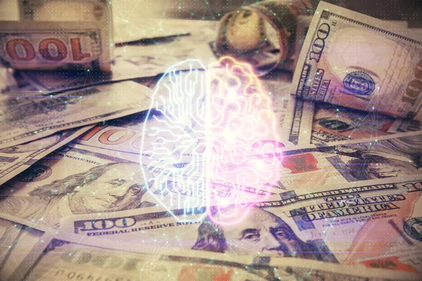 Двойное Воздействие Рисунка Мозга Фоне Банкнот Доллары Технологическая Концепция — стоковое фото