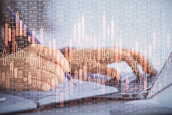 Doppelbelichtung Von Geschäftsfrau Hände Tippen Auf Computer Und Forex Diagramm — Stockfoto