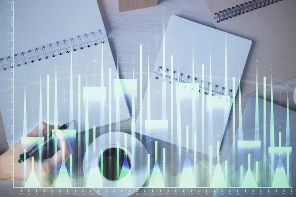 Multi Exposure Woman Hands Making Notes Forex Graph Hologram Concept — Stock Photo, Image