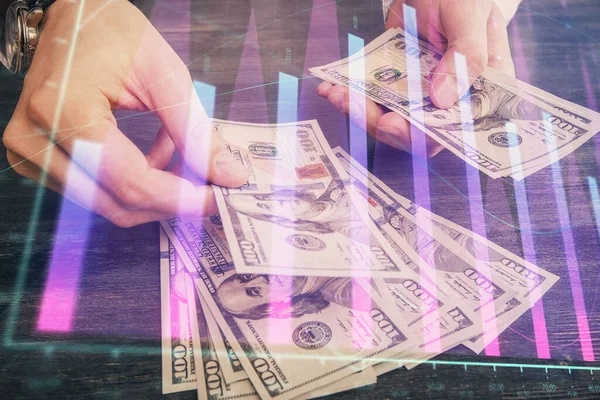 Мультиэкспозиция Финансовых Графиков Рисующих Голограммы Долларовые Купюры Сша Человеческие Руки — стоковое фото