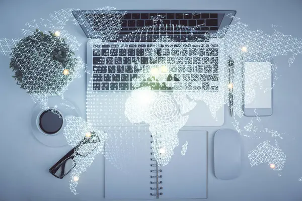 비즈니스 홀로그램 그림은 데스크 컴퓨터를 그려진다 위에서 관계에 — 스톡 사진