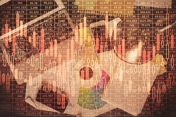 Finansmarknaden Diagram Och Ovanifrån Dator Skrivbordet Bakgrund Multiexponering Investeringsidé — Stockfoto