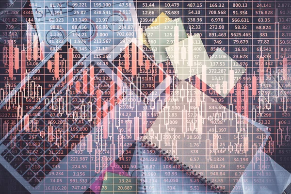 Finans Piyasası Grafiği Masaüstü Bilgisayarının Üst Görüntüsü Çoklu Maruz Kalma — Stok fotoğraf