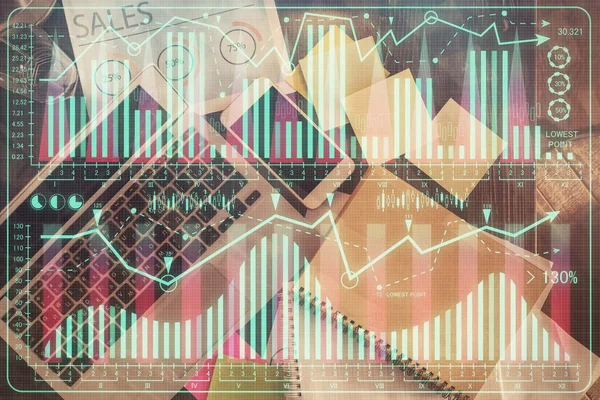 Financiële Markt Grafiek Top View Computer Het Bureaublad Achtergrond Meervoudige — Stockfoto