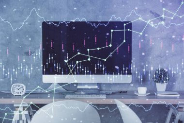 Finansal grafik çizimi ve ofis içi arka planının çoklu pozu. Pazar analizi kavramı.