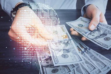 Beynin holograma maruz kalması, bize dolar banknotları ve insan eli çizmesi. Ai yatırım konsepti