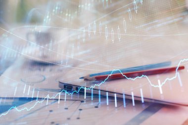 Bilgisayar geçmişi olan eski grafik hologramı. Çifte maruziyet. Finans piyasası kavramı.