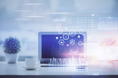 Arkaplanda bilgisayar ve veri teması çizimi olan tablonun çifte pozlandırılması. Yenilik kavramı.