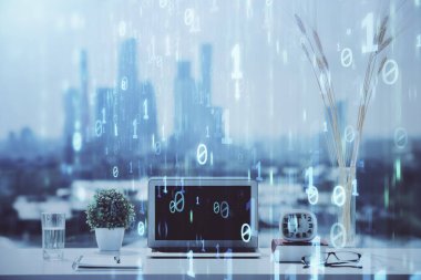 Arkaplanda bilgisayar ve veri temalı çizim tablosu çoklu pozlama. Yenilik kavramı.