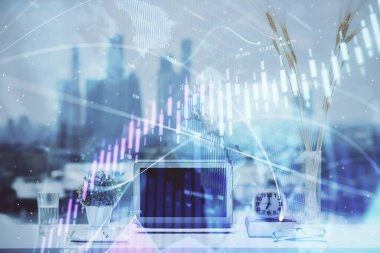 Bilgisayar geçmişi olan eski grafik hologramı. Çoklu maruz kalma. Finans piyasası kavramı.