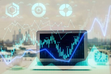 Bilgisayar geçmişi olan eski grafik hologramı. Çoklu maruz kalma. Finans piyasası kavramı.