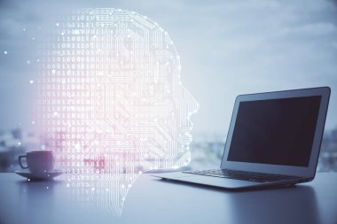 Bilgisayar ve insan beyin hologramıyla çalışma alanının çoklu açığı. Beyin fırtınası konsepti.