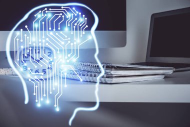 Bilgisayar ve beyin hologramıyla iki kat maruz kalmışlar. Veri yeniliği kavramı.