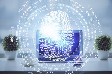 Ofisteki bilgisayarın parmak izi çizimi. Çifte maruziyet. İş veri güvenliği kavramı.