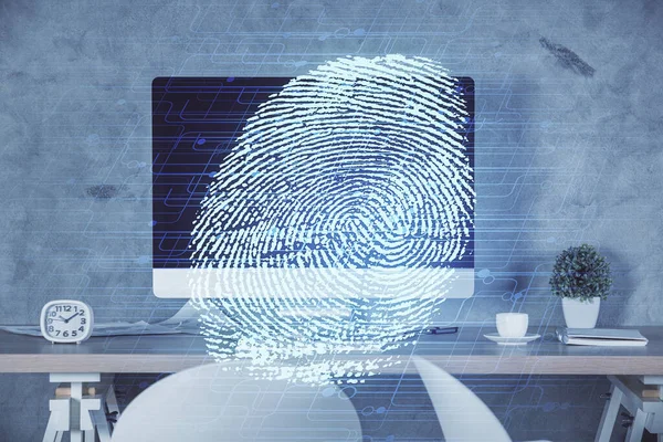 Double Exposure Finger Print Office Interior Background Concept Security — Stock Photo, Image
