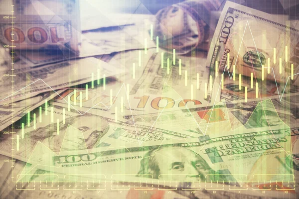 stock image Multi exposure of forex chart drawing over us dollars bill background. Concept of financial success markets.