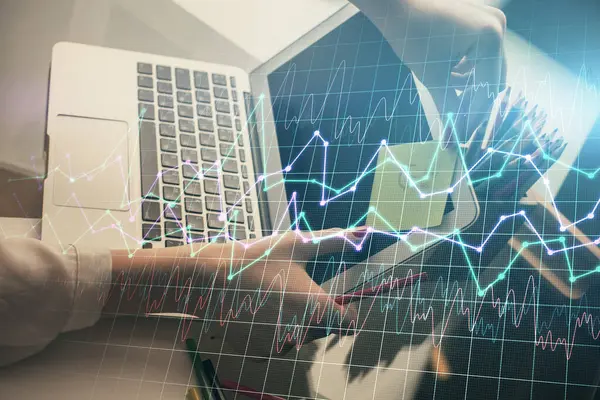 Double Exposure Businesswoman Hands Typing Computer Financial Graph Hologram Drawing — Stock Photo, Image