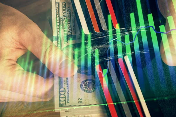 Multi Exposición Gráfico Divisas Dibujo Holograma Billetes Dólares Las Manos — Foto de Stock