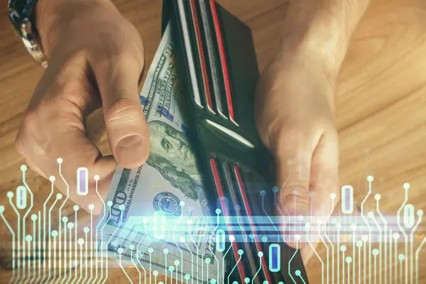 Dubbele Blootstelling Van Technologie Die Hologram Tekent Ons Dollars Biljetten — Stockfoto