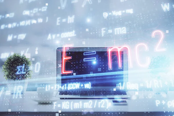 Desktop Computer Background Formula Hologram Writing Double Exposure Education Concept — Stock Photo, Image