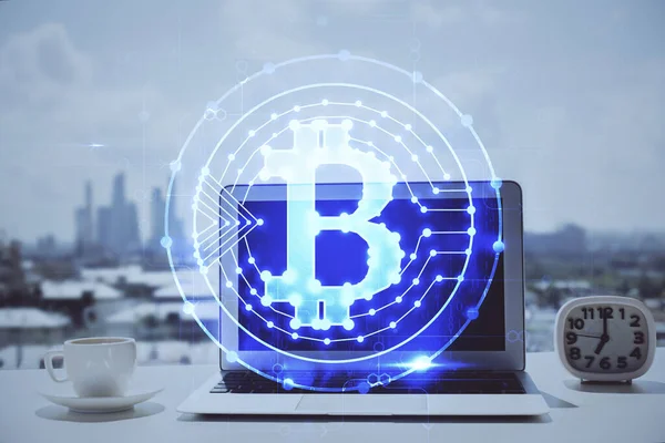 Double Exposure Blockchain Crypto Economy Theme Hologram Table Computer Background — Stock Photo, Image