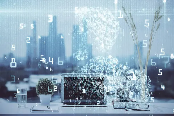Multi Exposure Table Computer Background Data Theme Drawing Concept Innovation — Stock Photo, Image