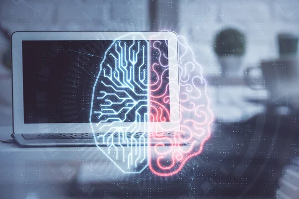 Dupla Exposição Espaço Trabalho Com Holograma Desenho Computador Cérebro Humano — Fotografia de Stock