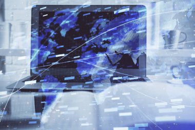 Teknoloji temalı çizim ve bilgisayarla çalışma alanı. Çifte maruziyet. Yenilik kavramı.