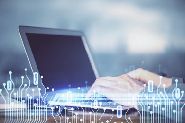 Teknoloji temalı dizüstü bilgisayarda çalışan bir adam. Büyük veri kavramı. Çift pozlama.