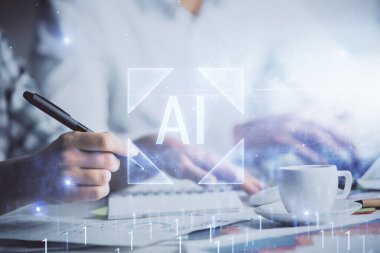 Veri temalı çizimin arka plan yazan insanların üzerine çifte pozlanması. Teknoloji kavramı