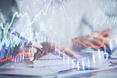 Ön x grafiğinin arka plan notları alan insanların üzerini çizerken çift pozlama. Mali analiz kavramı