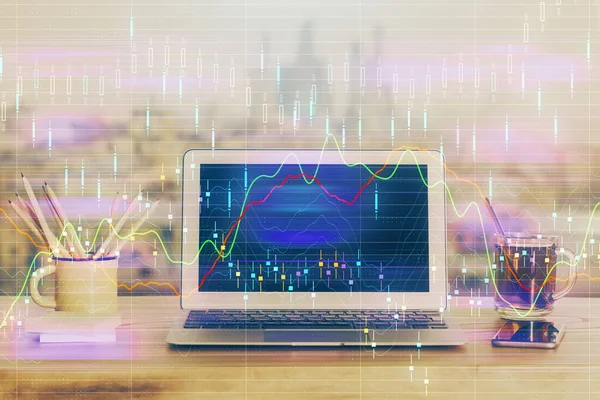 背景にコンピューターを使用した財務チャートと表 多重露光 国際市場の概念 — ストック写真