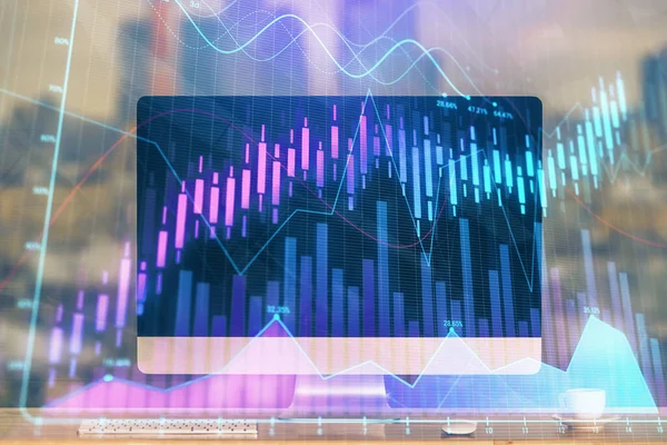 Desenho Gráfico Financeiro Tabela Com Computador Segundo Plano Exposição Múltipla — Fotografia de Stock