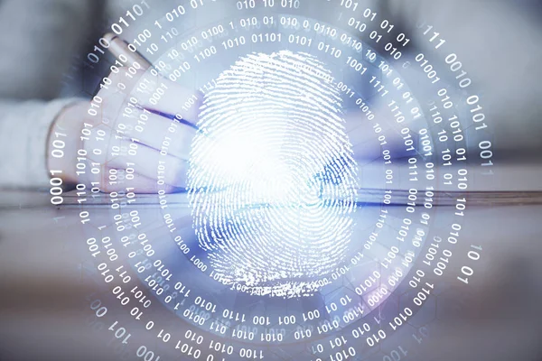 stock image Blue fingerprint hologram over woman's hands taking notes background. Concept of protection. Double exposure