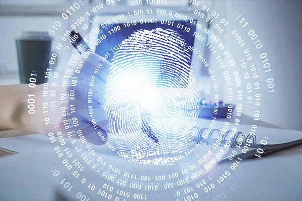 Blå Fingeravtryck Hologram Över Händerna Med Anteckningar Bakgrund Begreppet Säkerhet — Stockfoto