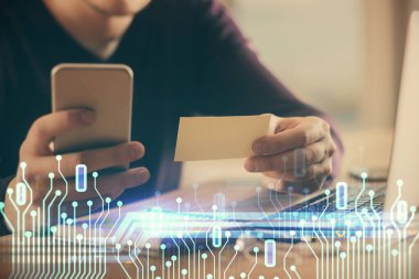 Dijital bir cihaz ve veri temalı çizim kullanan bir adamın el ele tutuşması. Yenilik kavramı.