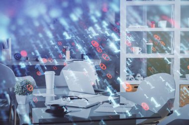 Veri teması çizimi ve ofis içi arka planına çifte maruz kalma. Teknoloji kavramı.