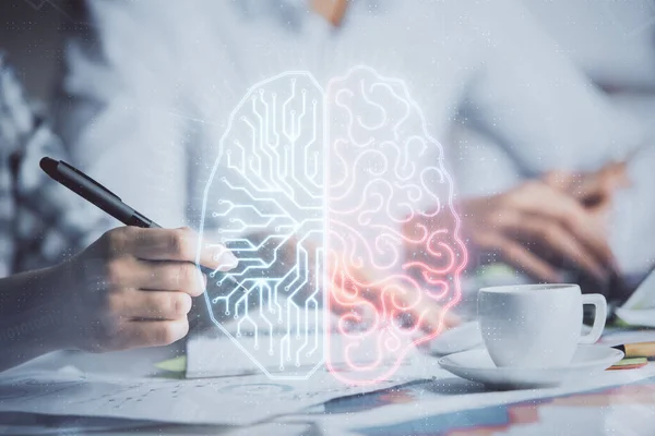 Double exposure of brain drawing over people taking notes background. Concept of Ai