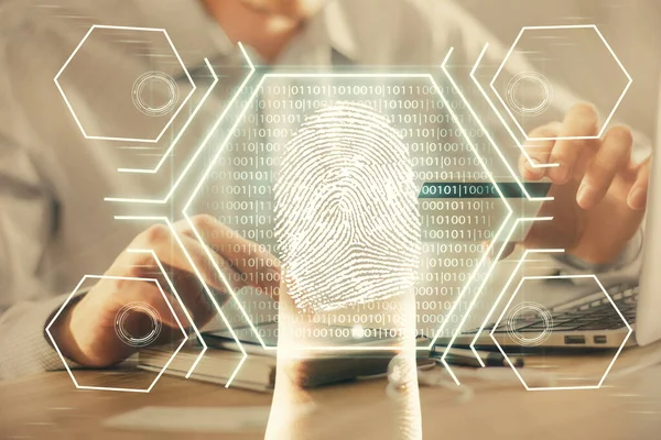 Double Exposure Man Hands Holding Credit Card Fingerprint Drawing Security — Stock Photo, Image
