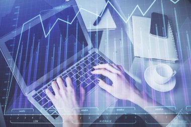 Bilgisayarda ve ön x grafik hologram çiziminde kadın eli yazarken çift pozlama. Borsa yatırım kavramı.